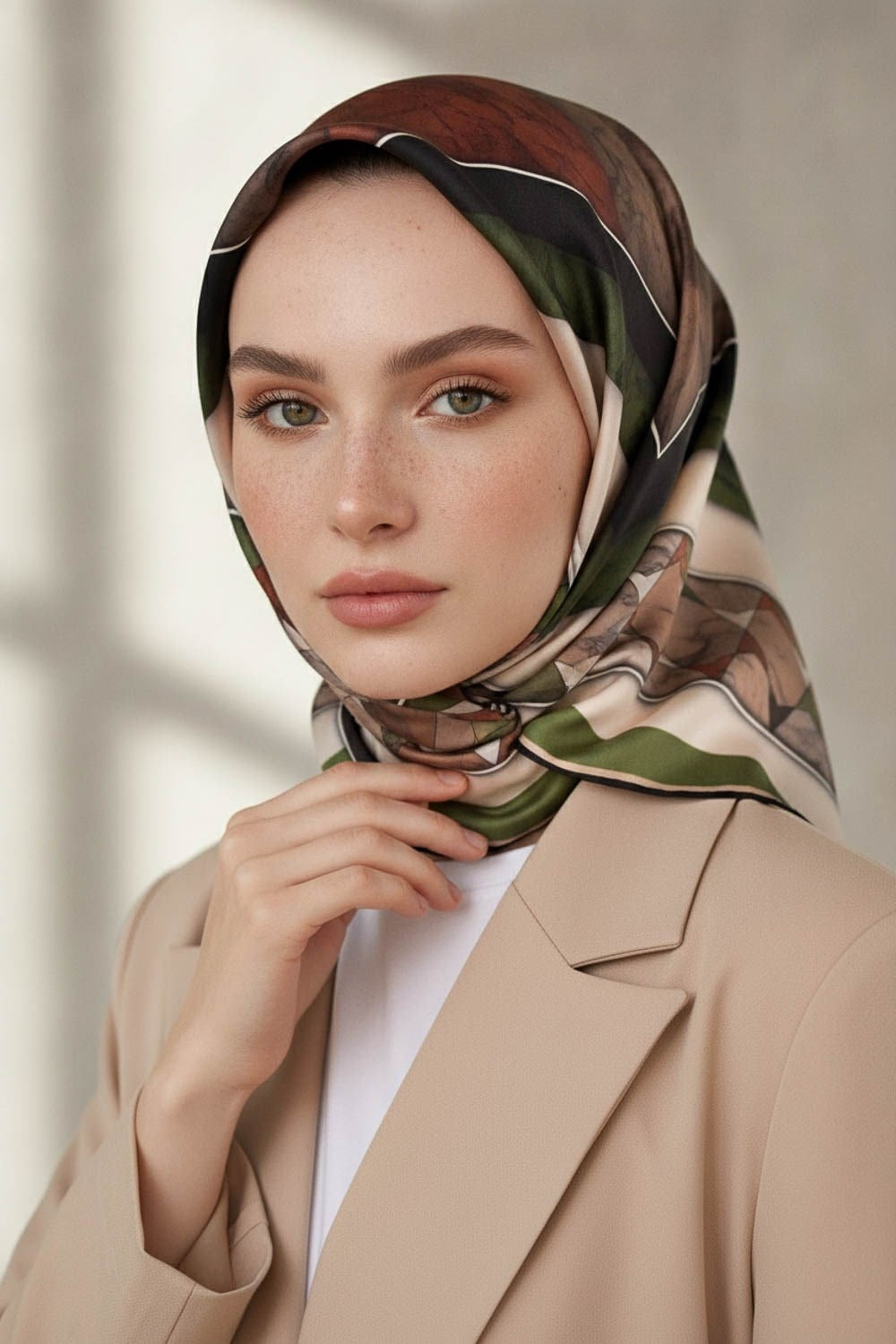 %100 Twill İpek Mermer Efektrli Geometrik Desenli Haki - Gold Renkli 90x90 Eşarp Dikim Şekli : El Dikişi