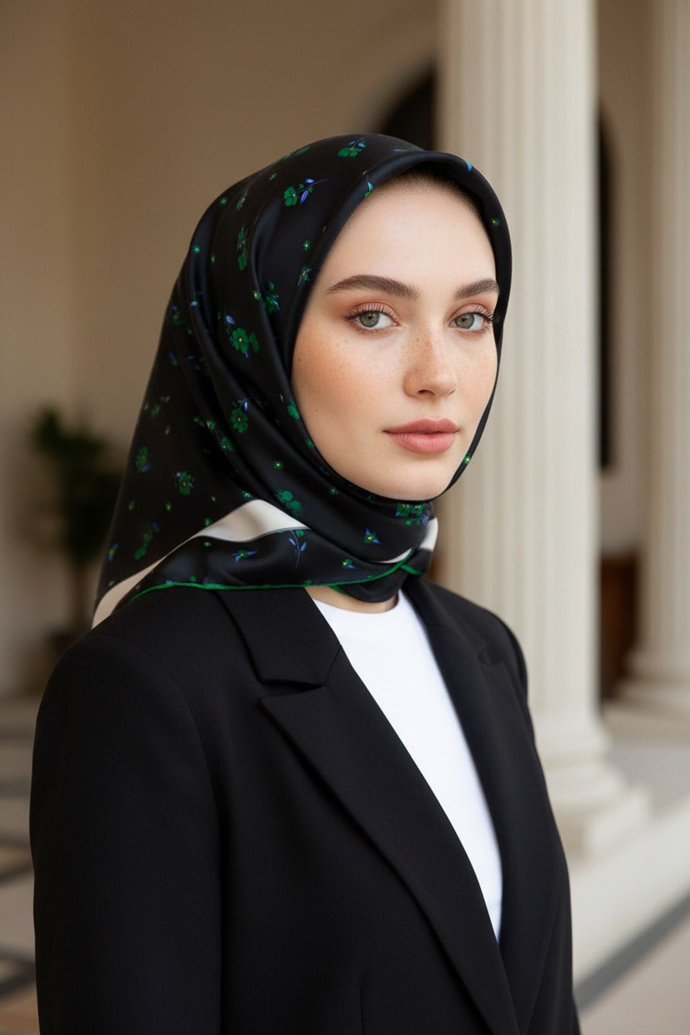 % 57 İPEK % 43 VİSKON Twill İpek Çıtır Çiçek Desenli Siyah - Zümrüt Yeşili Renkli 90x90 Eşarp Dikim Şekli : El Dikişi