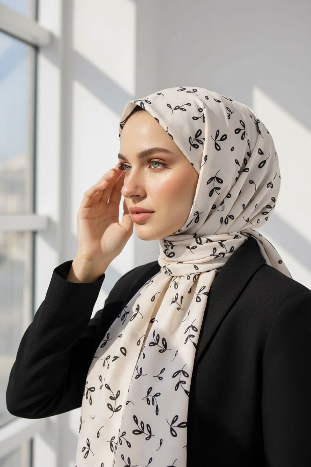 KREP YAPRAK DESENLİ KREM RENKLİ 75X195 KIRIŞMAZ ŞAL
