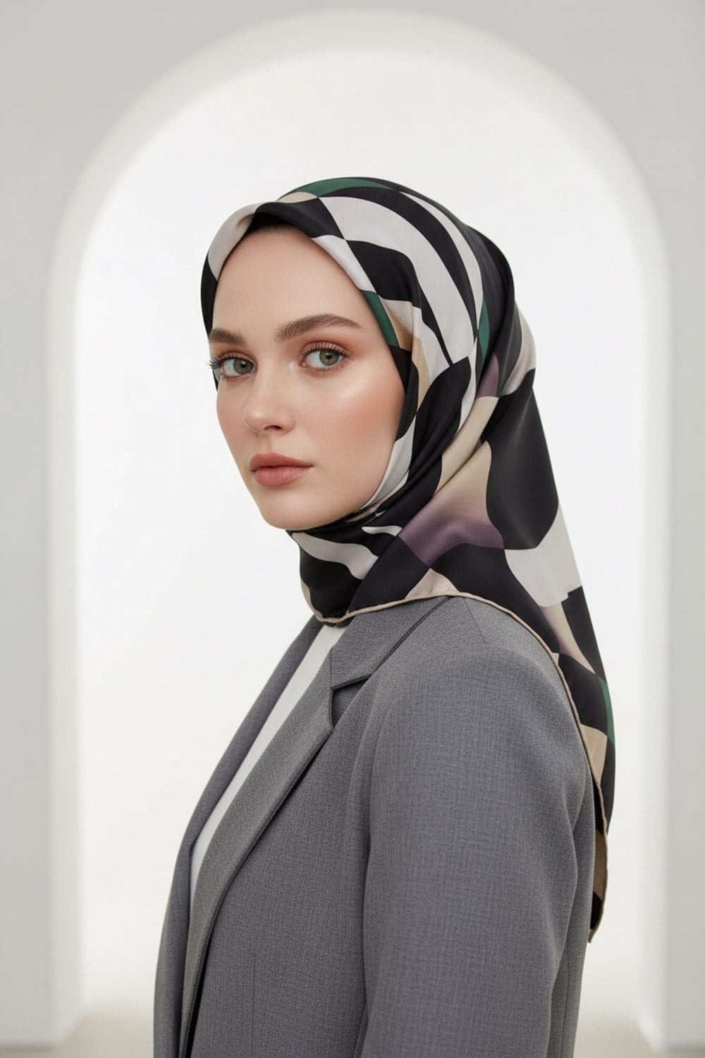 %100 Twill İpek Geometrik Desenli Petrol Yeşili - Bej Renkli 90x90 Eşarp Dikim Şekli : El Dikişi