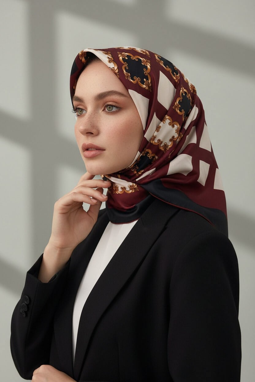 Twill Gold Detaylı Kare Desenli Siyah - Bordo Renkli 90x90 Eşarp (İpek İçermez) Kenar Dikiş Şekli El Dikişli