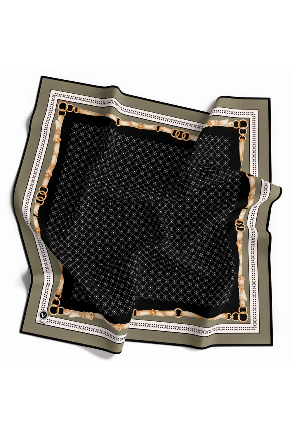 Twill Kemerli ve Çıtır Motifli Desenli Haki Renkli 90x90 Eşarp (İpek İçermez) Dikim Şekli : El Dikişi