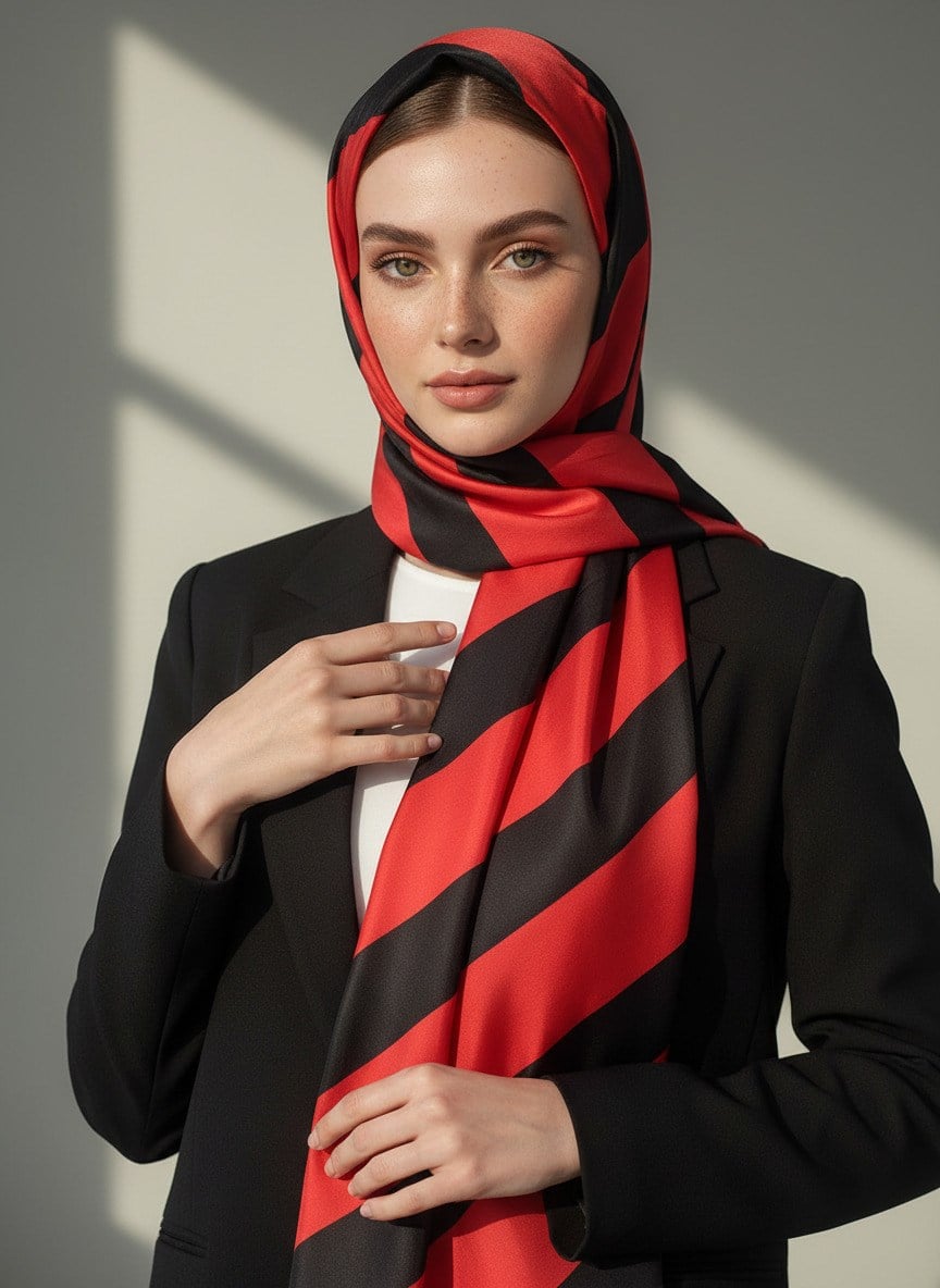 %100 Saf İpek Şal İnce Saten Vual Dokuma Çizgili Desenli Kırmızı - Siyah Renkli 90x210 Şal