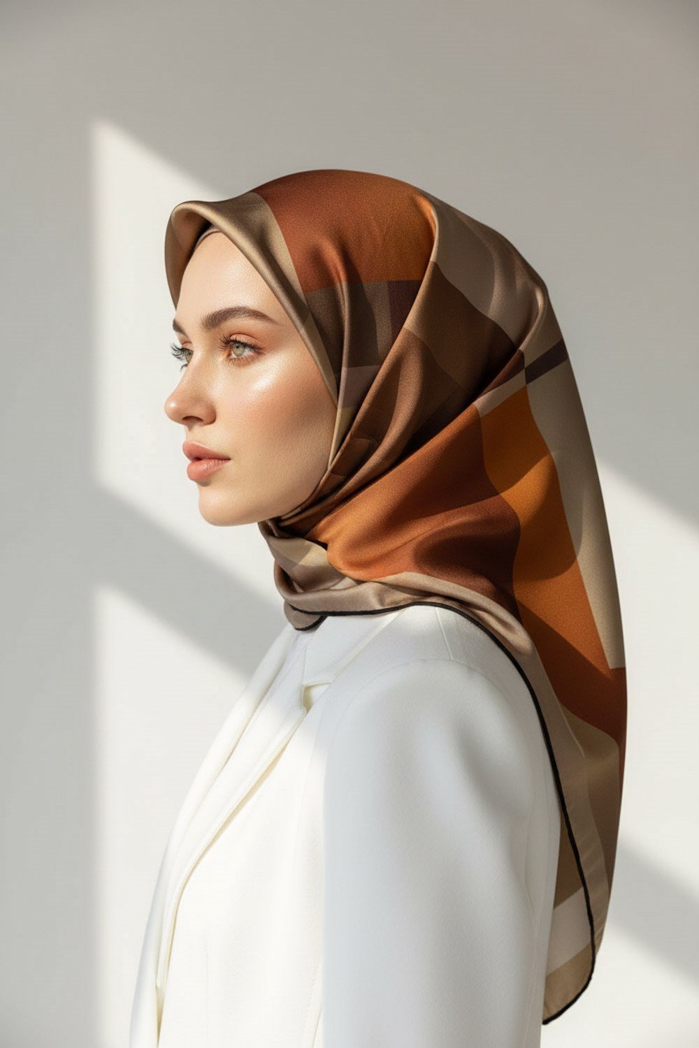 %100 Twill İpek Geometrik Desenli Kahverengi - Taba Renkli 90x90 Eşarp Dikim Şekli : El Dikişi