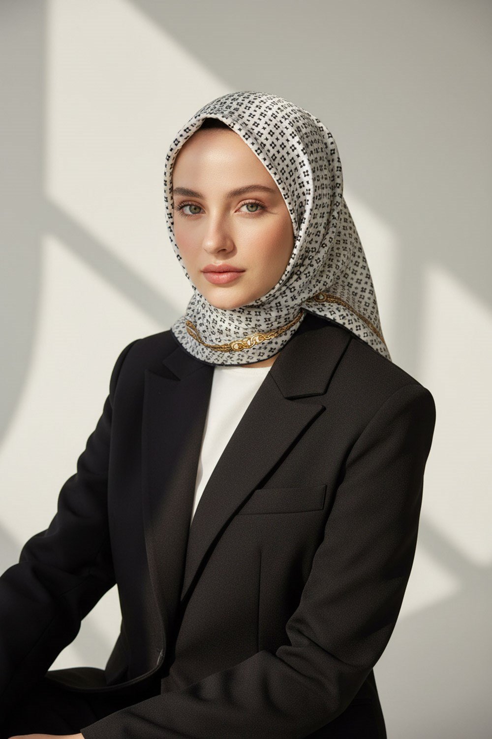 %100 Twill İpek Zincir Desenli Krem - Siyah Renkli 90x90 Eşarp Dikim Şekli : El Dikişi