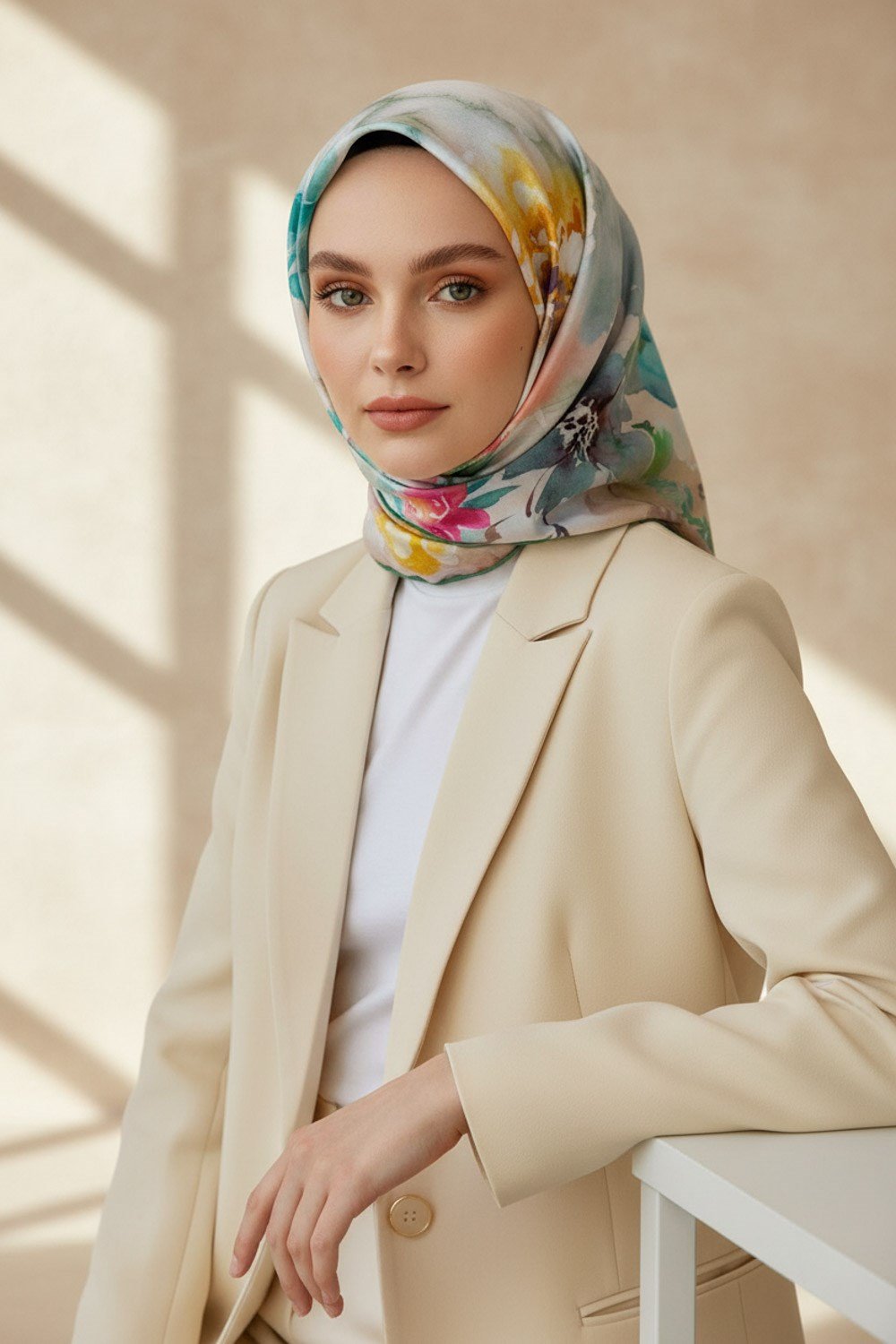 %100 Twill İpek Çiçek  Desenli Zümrüt Yeşili Renkli 90x90 Eşarp Dikim Şekli : El Dikişi