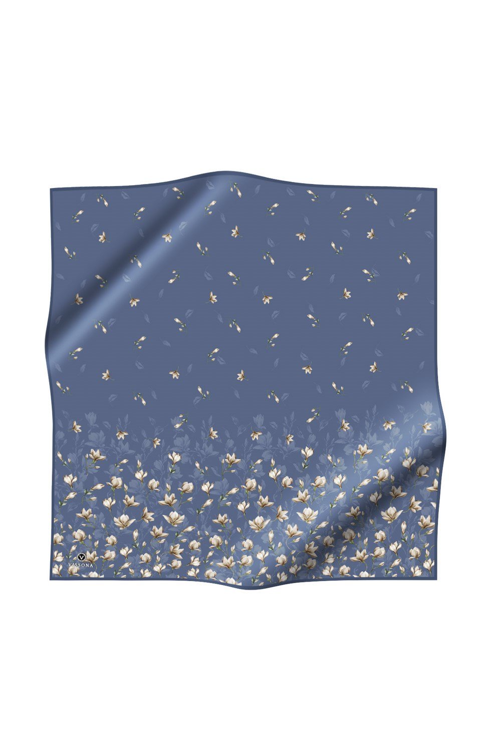 %100 Twill İpek Çiçek Desenli Bebe Mavisi Renkli 90x90 Eşarp Dikim Şekli : El Dikişi