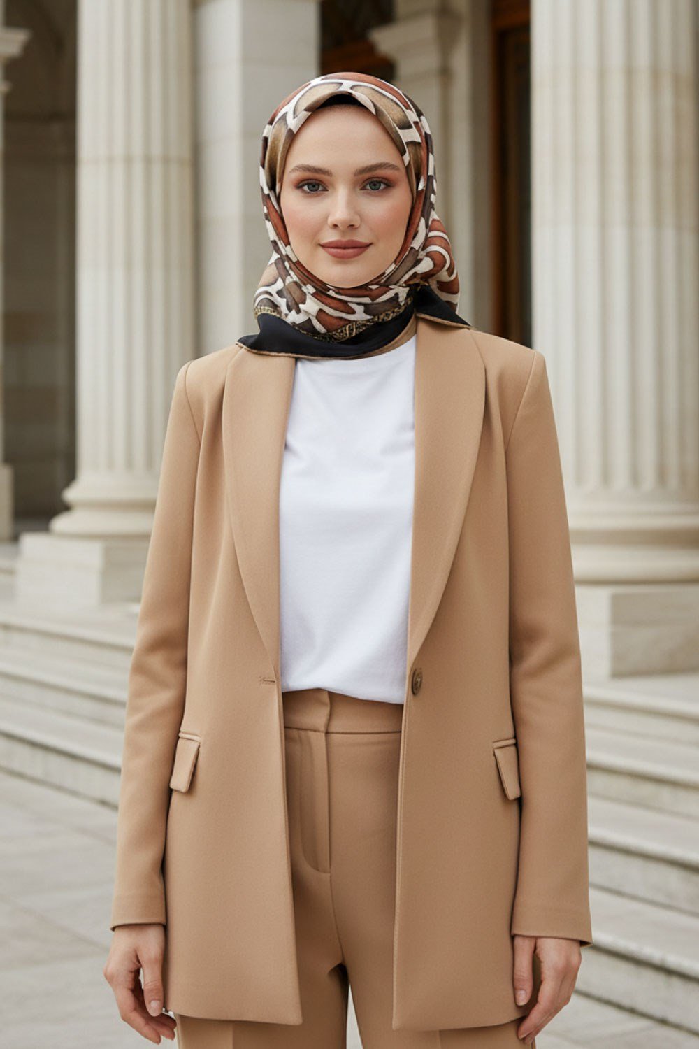 %100 Twill İpek Zürafa Desenli Taba - Vizon Renkli 90x90 Eşarp Dikim Şekli : El Dikişi