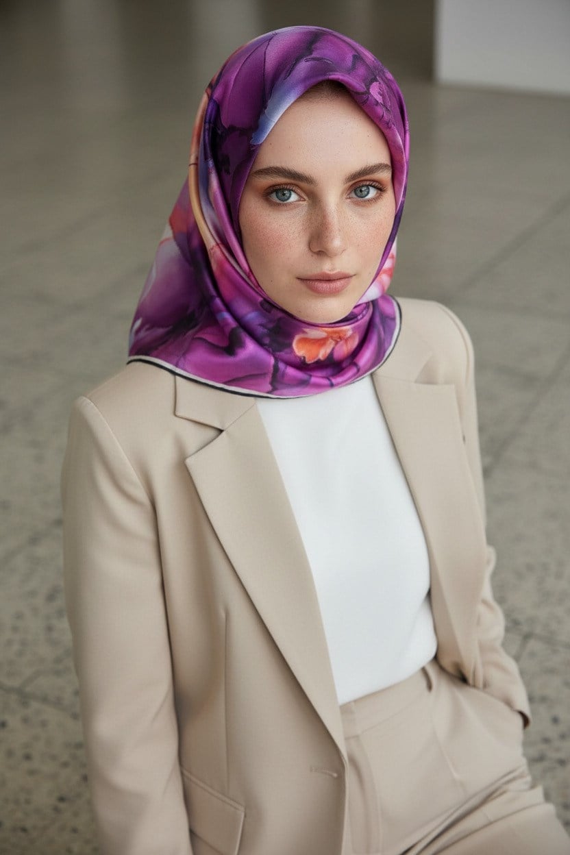 %100 Twill İpek Batik Çiçek Desenli Mürdüm - İndigol Renkli 90x90 Eşarp Kenar Dikiş Şekli El Dikişli