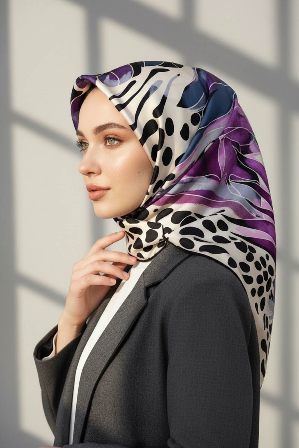%100 Twill İpek Amazon Desenli Lila - İndigo Renkli 90x90 Eşarp Kenar Dikiş Şekli El Dikişli