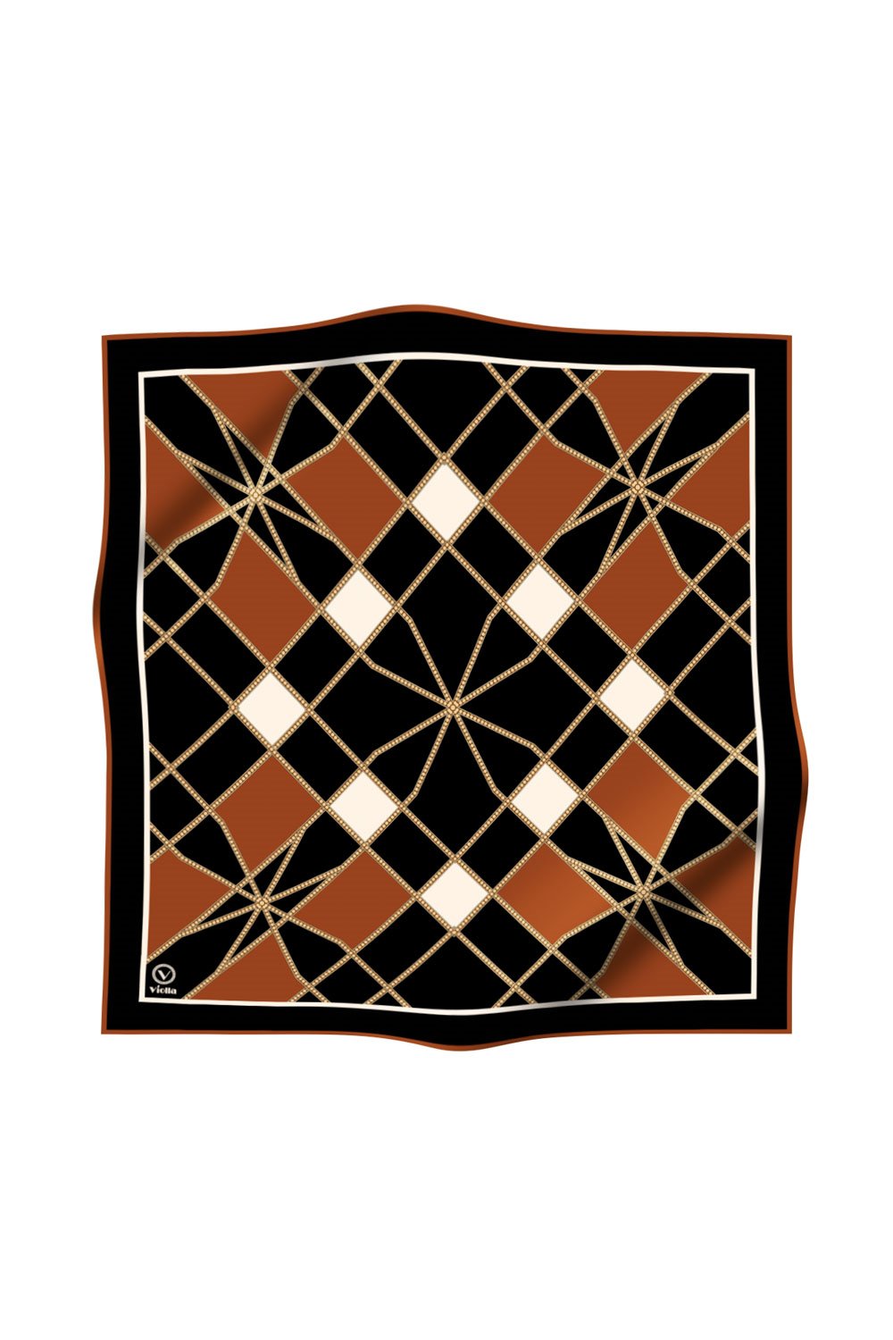 Twill Gold Detaylı Geometrik Çiçekli Desenli Taba Renkli 90x90 Eşarp (İpek İçermez) Kenar Dikiş Şekli El Dikişli