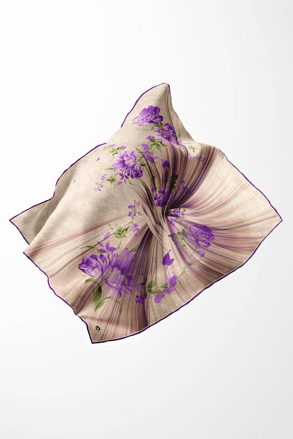 Twill Çiçekli Desenli Mor Renkli 90x90 Eşarp (İpek İçermez) Kenar Dikiş Şekli El Dikişli