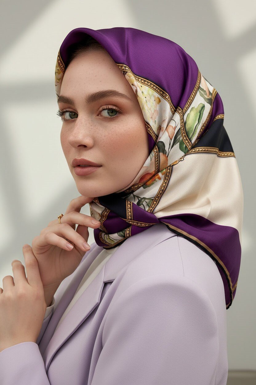 100% Twill İpek Şeritli Çiçek Desenli Krem - Mürdüm Renkli 90x90 Dikim Şekli : El Dikişi Eşarp