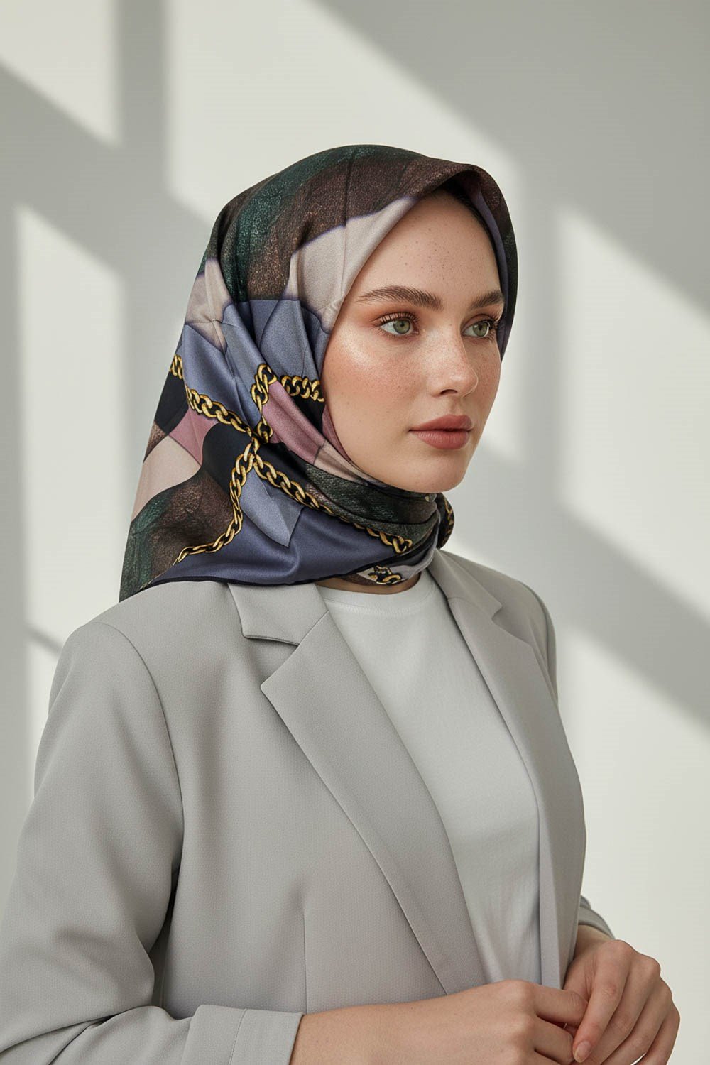 %100 Twill İpek Taş Efekti Desenli Pudra - Gri Renkli 90x90 Eşarp Dikim Şekli : El Dikişi