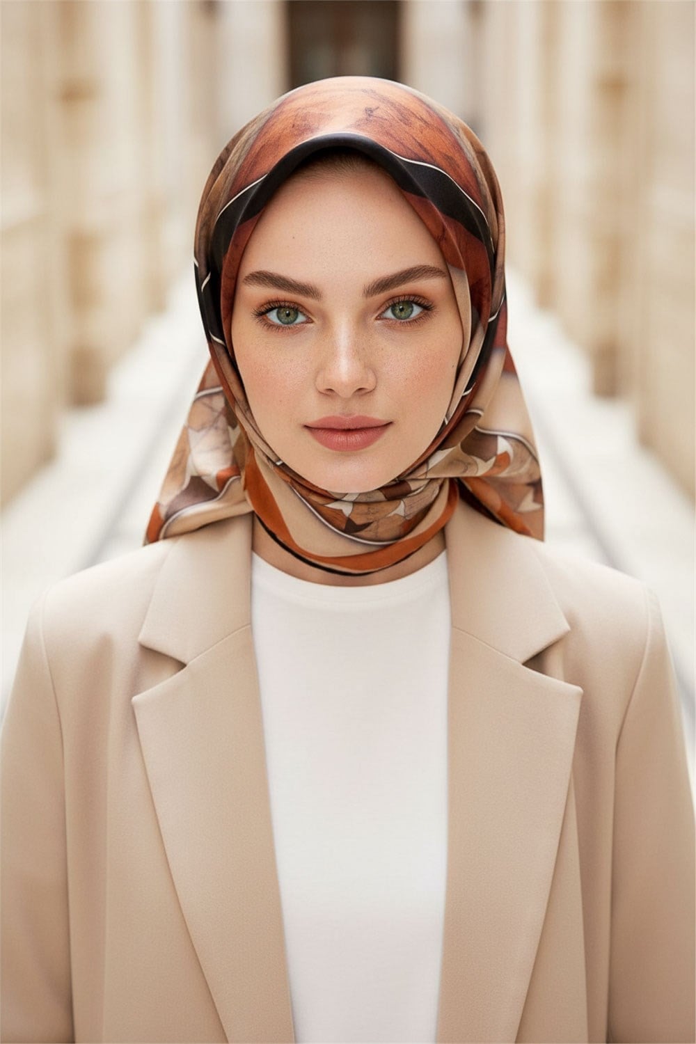 %100 Twill İpek Mermer Efektrli Geometrik Desenli Taba - Gold Renkli 90x90 Eşarp Dikim Şekli : El Dikişi