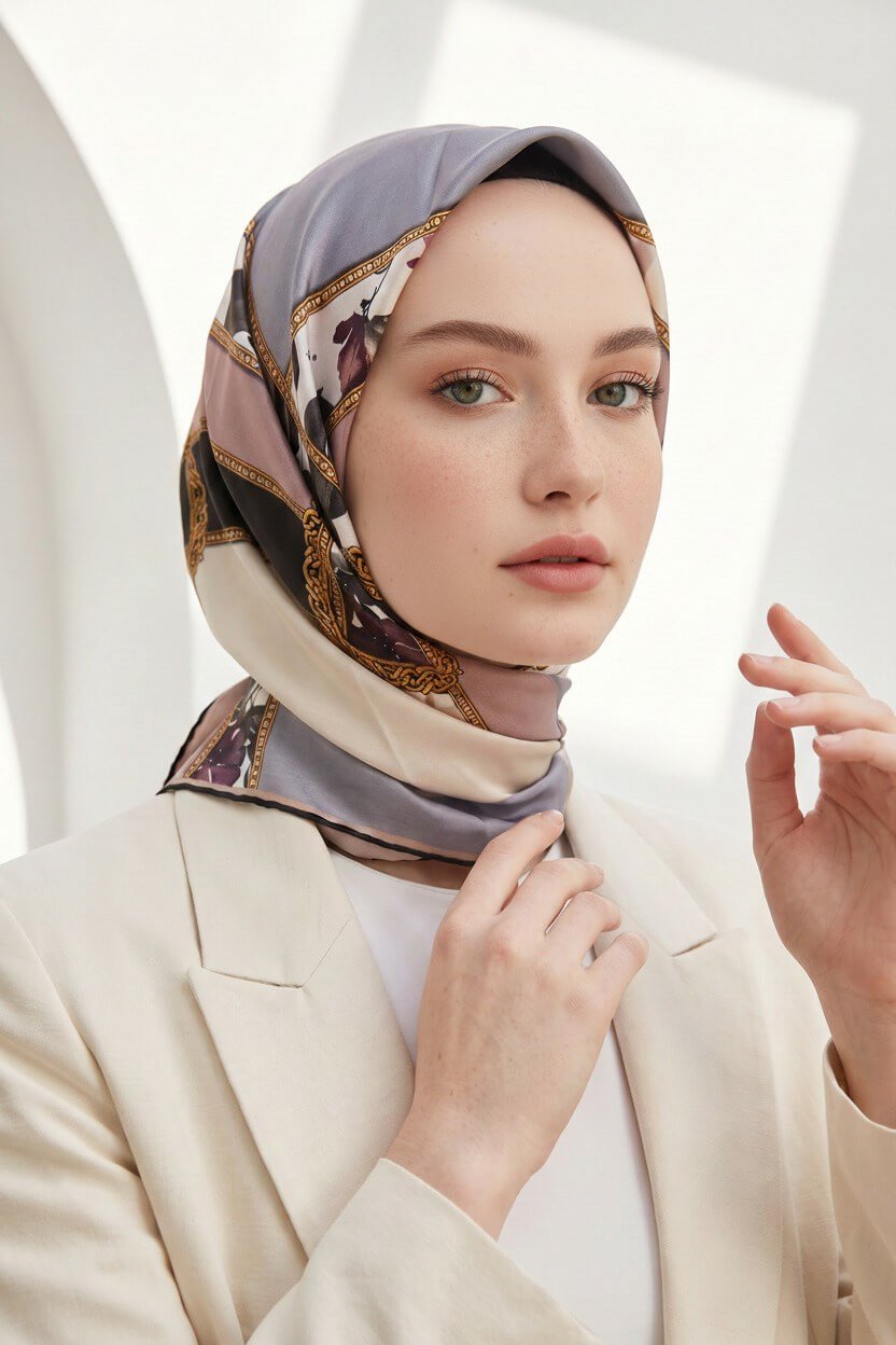 100% Twill İpek Şeritli Çiçek Desenl Gri - Pudra Renkli 90x90 Dikim Şekli : El Dikişi Eşarp