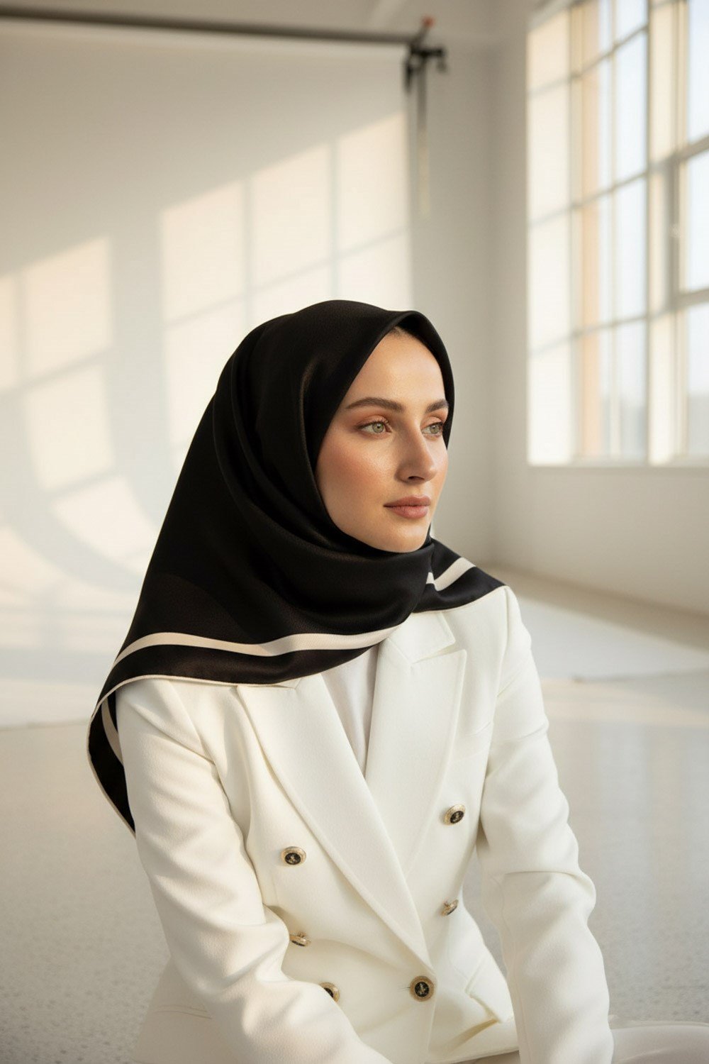 100% Twill İpek Düz Renk Bordür Desenli Siyah - Krem Renkli Daha Tok Exclusive Serisi 90x90 Dikim Şekli : El Dikişi Eşarp