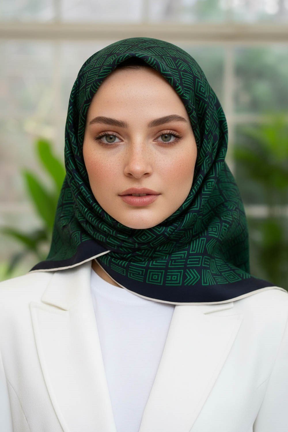 100% Twill İpek Etnik Motif Desenli Zümrüt Yeşili - Lacivert Renkli 90x90 Dikim Şekli : El Dikişi Eşarp