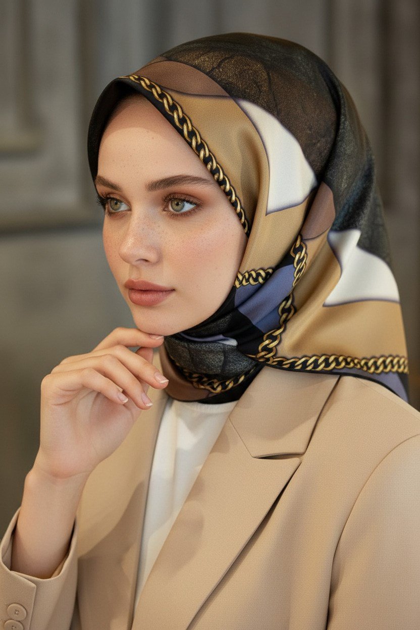 %100 Twill İpek Taş Efekti Desenli Gri - Siyah Renkli 90x90 Eşarp Dikim Şekli : El Dikişi