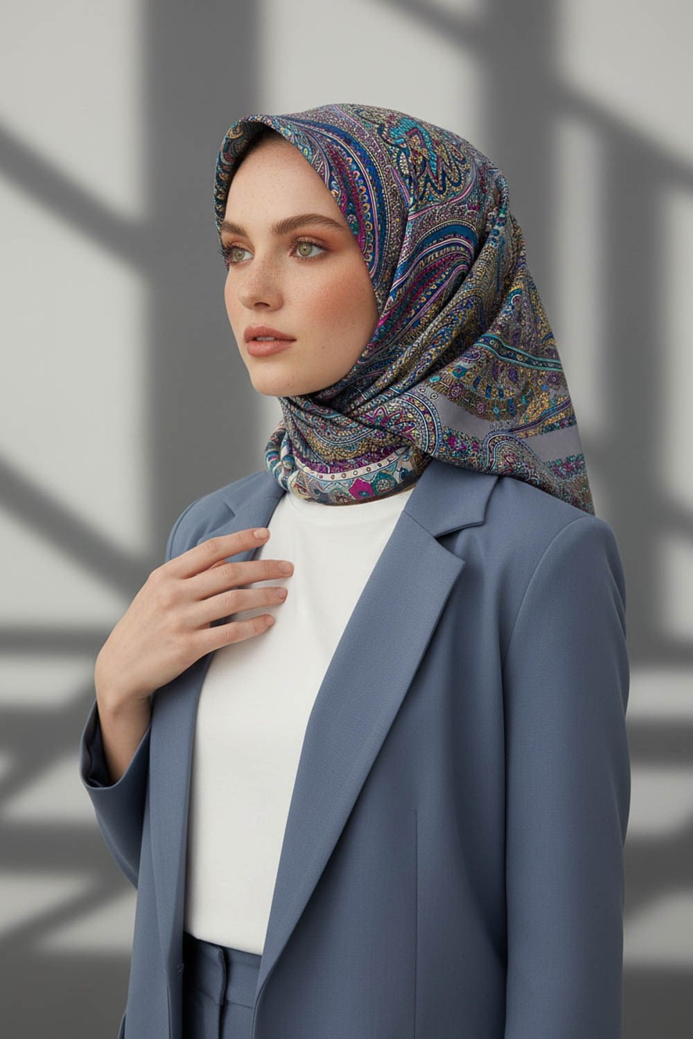 %100 Twill İpek Etro Desenli Gri Renkli 90x90 Eşarp Dikim Şekli : El Dikişi