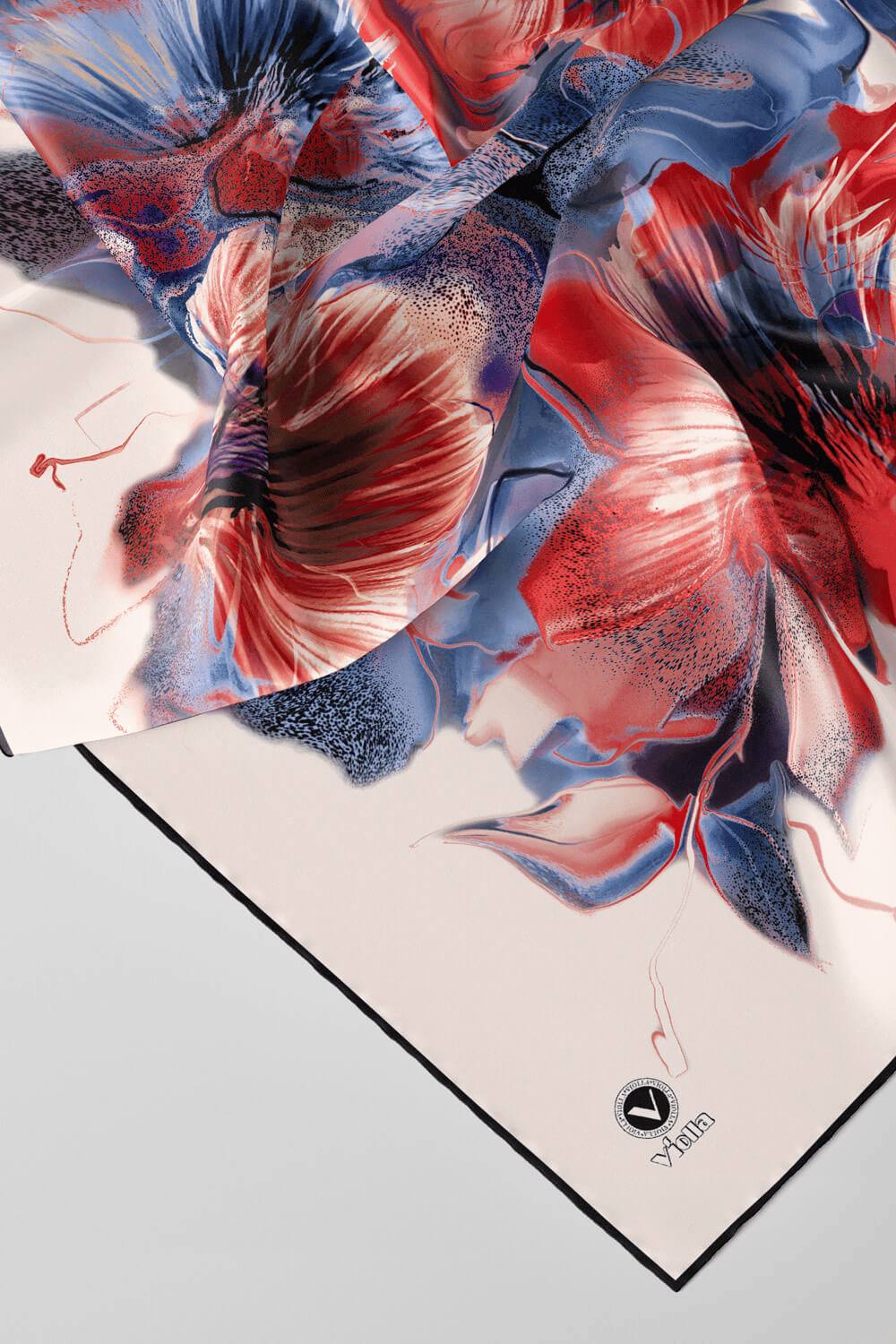 Twill Çiçek Desenli Kahverengi - İndigo Renkli 90x90 Eşarp (İpek İçermez) Kenar Dikiş Şekli El Dikişli