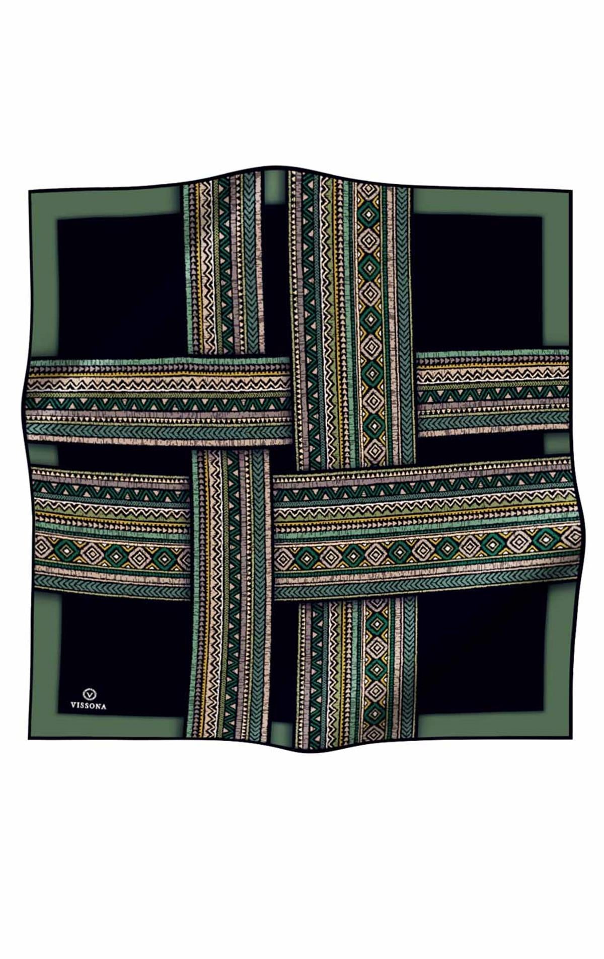 %100 Twill İpek Etnik Desenli Siyah - Zümrüt Yeşili Renkli 90x90 Eşarp Dikim Şekli : El Dikişi