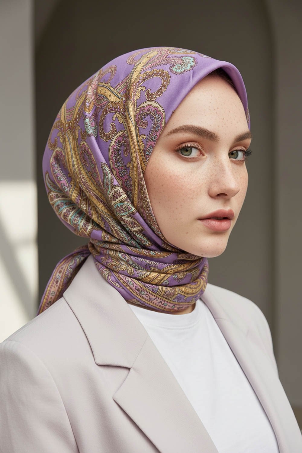 %100 Twill İpek Şal Desenli Lila Renkli 90x90 Eşarp Dikim Şekli : El Dikişi