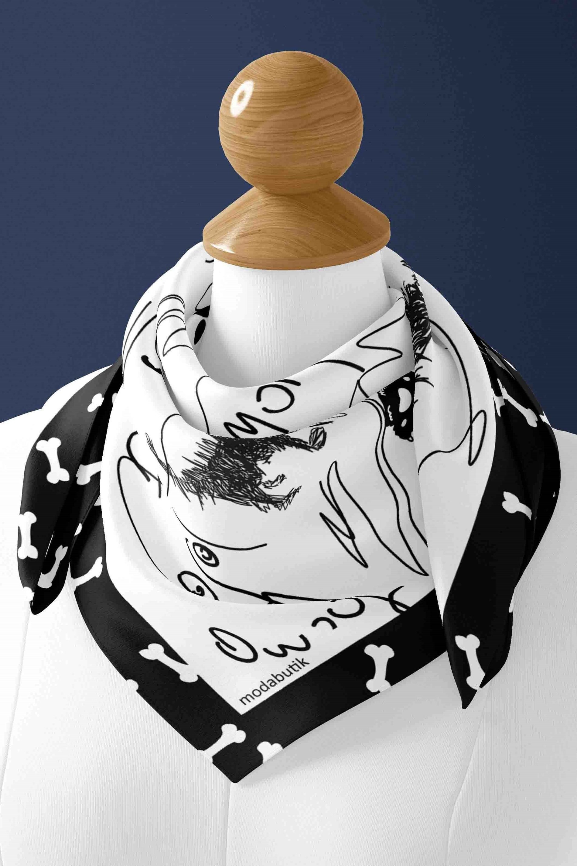 Violla B104 Kara Kalem Desenli 45x45 Siyah Beyaz Köpek Bandanası DG5464