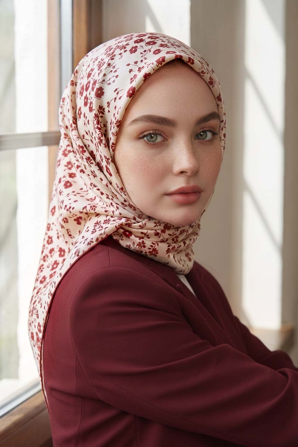 %100 Twill İpek Çıtır Çiçek Desenli Krem - Bordo Renkli 90x90 Eşarp Dikim Şekli : El Dikişi
