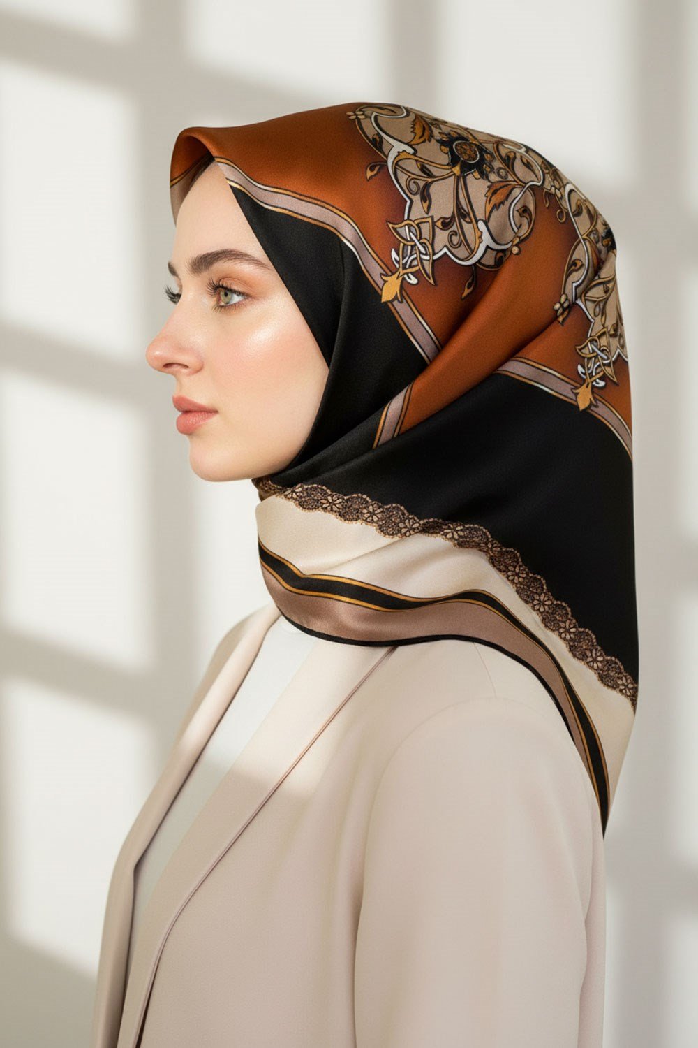 %100 Twill Barok Desenli Taba - Bej Renkli 90x90 Eşarp Dikim Şekli: El Dikişi