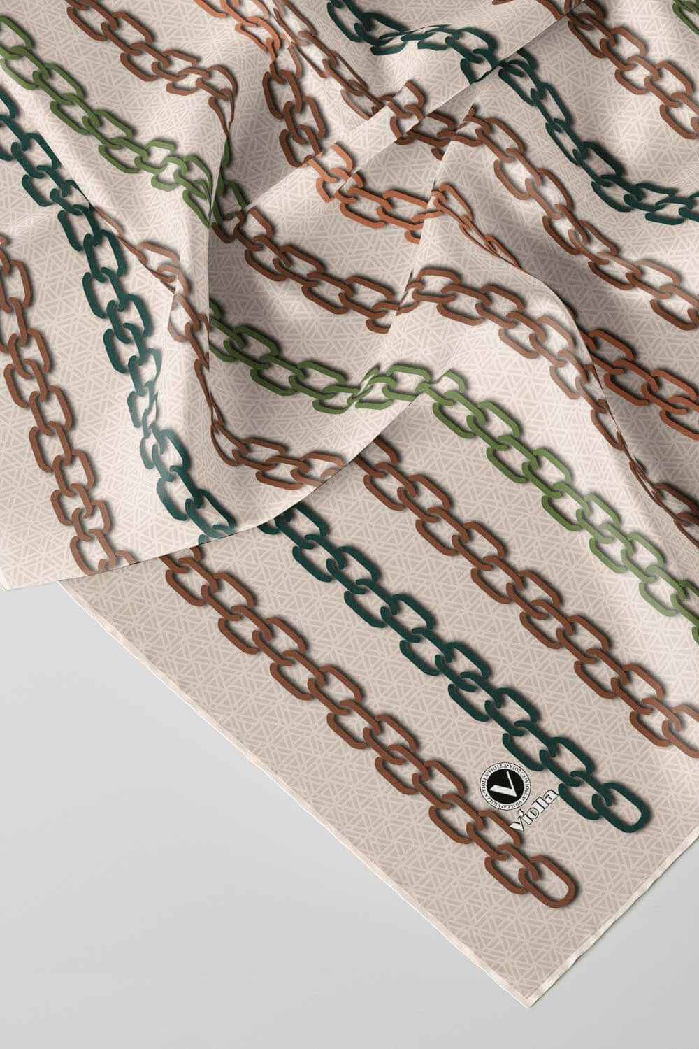 Twill Zincir Desenli Bej - Vizon Renkli 90x90 Eşarp (İpek İçermez) Kenar Dikiş Şekli El Dikişli