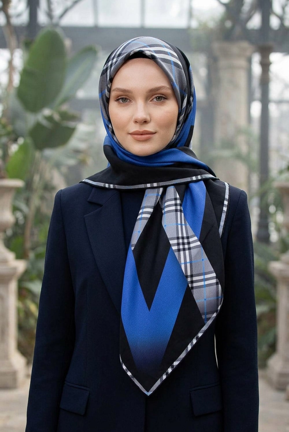 % 57 İPEK % 43 VİSKON Twill İpek Ekose Desenli Saks - Siyah Renkli 90x90 Eşarp Dikim Şekli : El Dikişi
