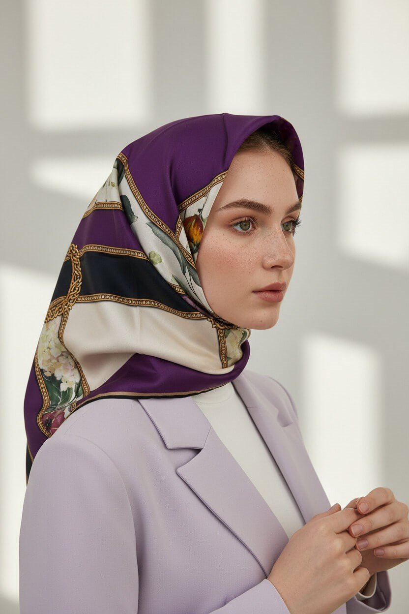 100% Twill İpek Şeritli Çiçek Desenli Krem - Mürdüm Renkli 90x90 Dikim Şekli : El Dikişi Eşarp