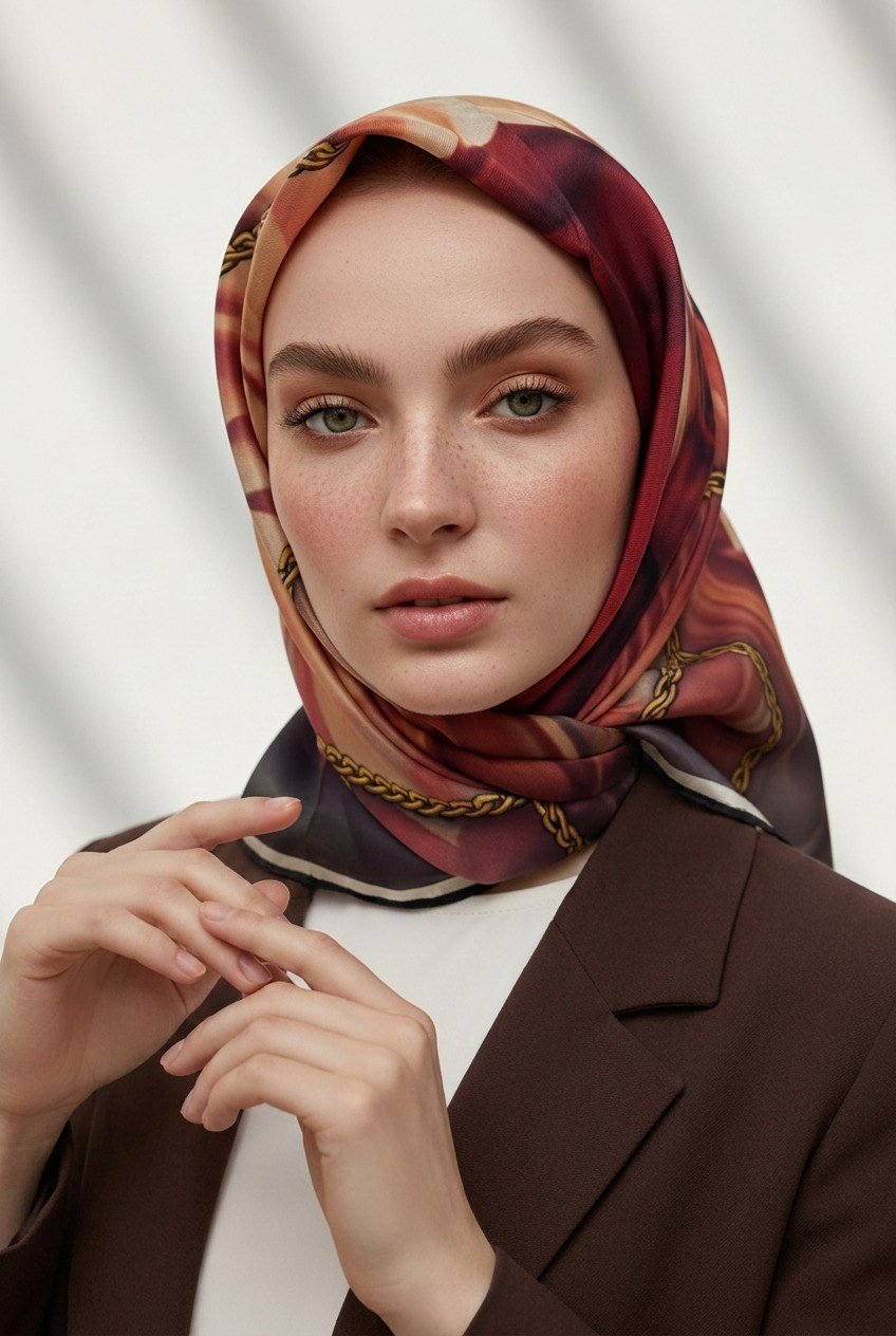 % 57 İPEK % 43 VİSKON Twill İpek Çiçek Geometrik Desenli tabalı kırmızılı Renkli 90x90 Eşarp Dikim Şekli : El Dikişi