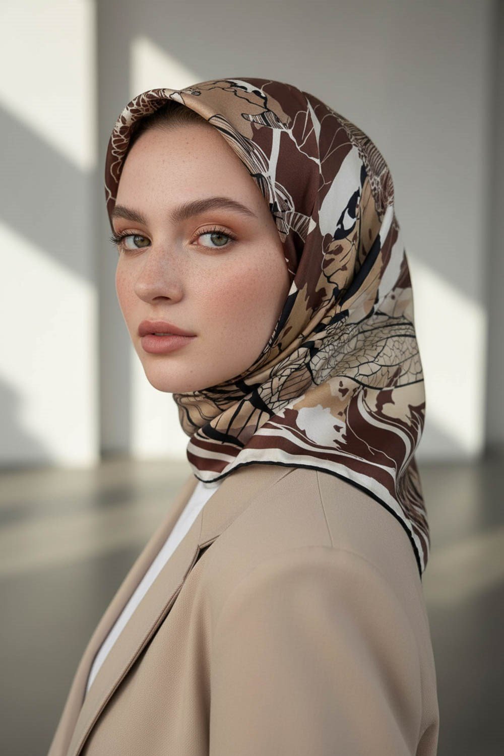 %100 Twill İpek Yaprak Desenli Kahverengi - Bej Renkli 90x90 Eşarp Dikim Şekli : El Dikişi
