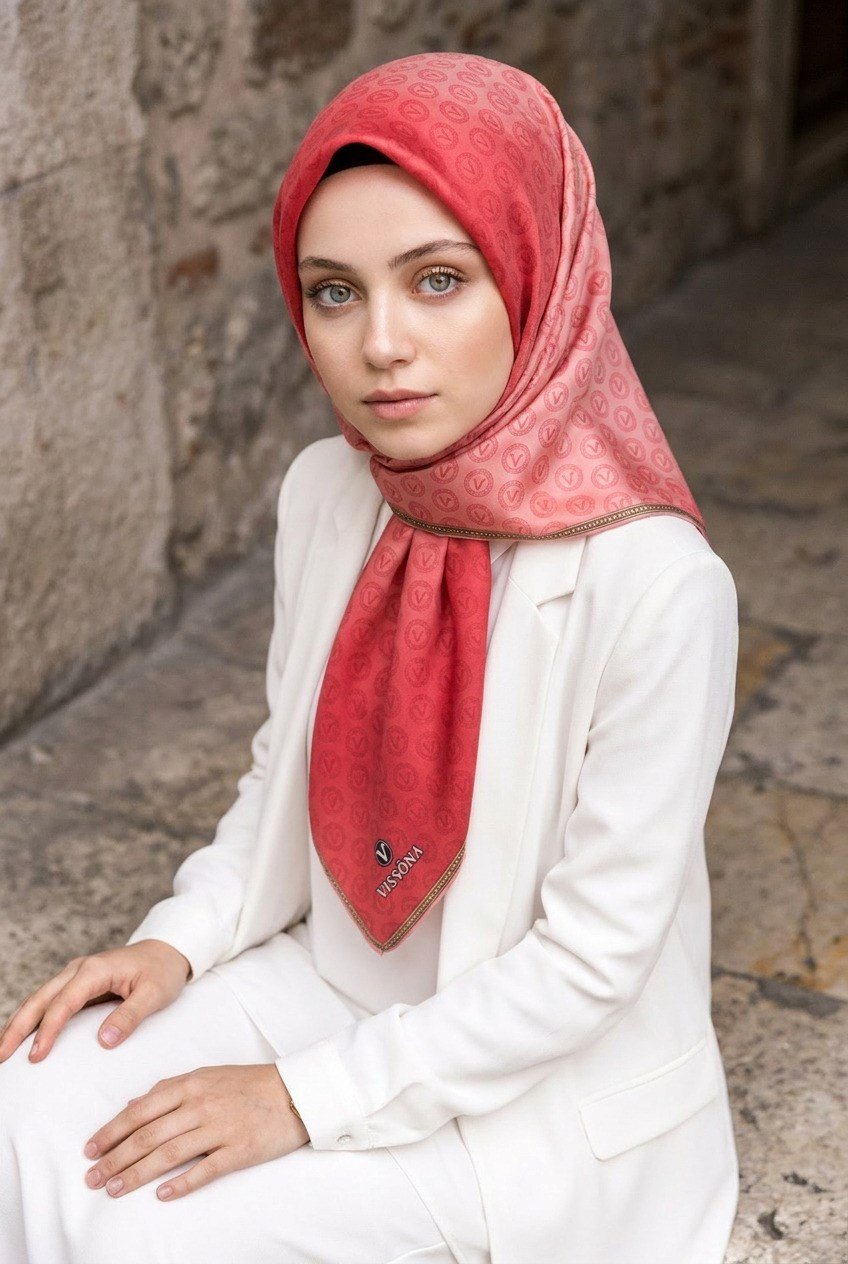 % 57 İPEK % 43 VİSKON Twill İpek Monogram Desenli Pudra Renkli 90x90 Eşarp Dikim Şekli : El Dikişi