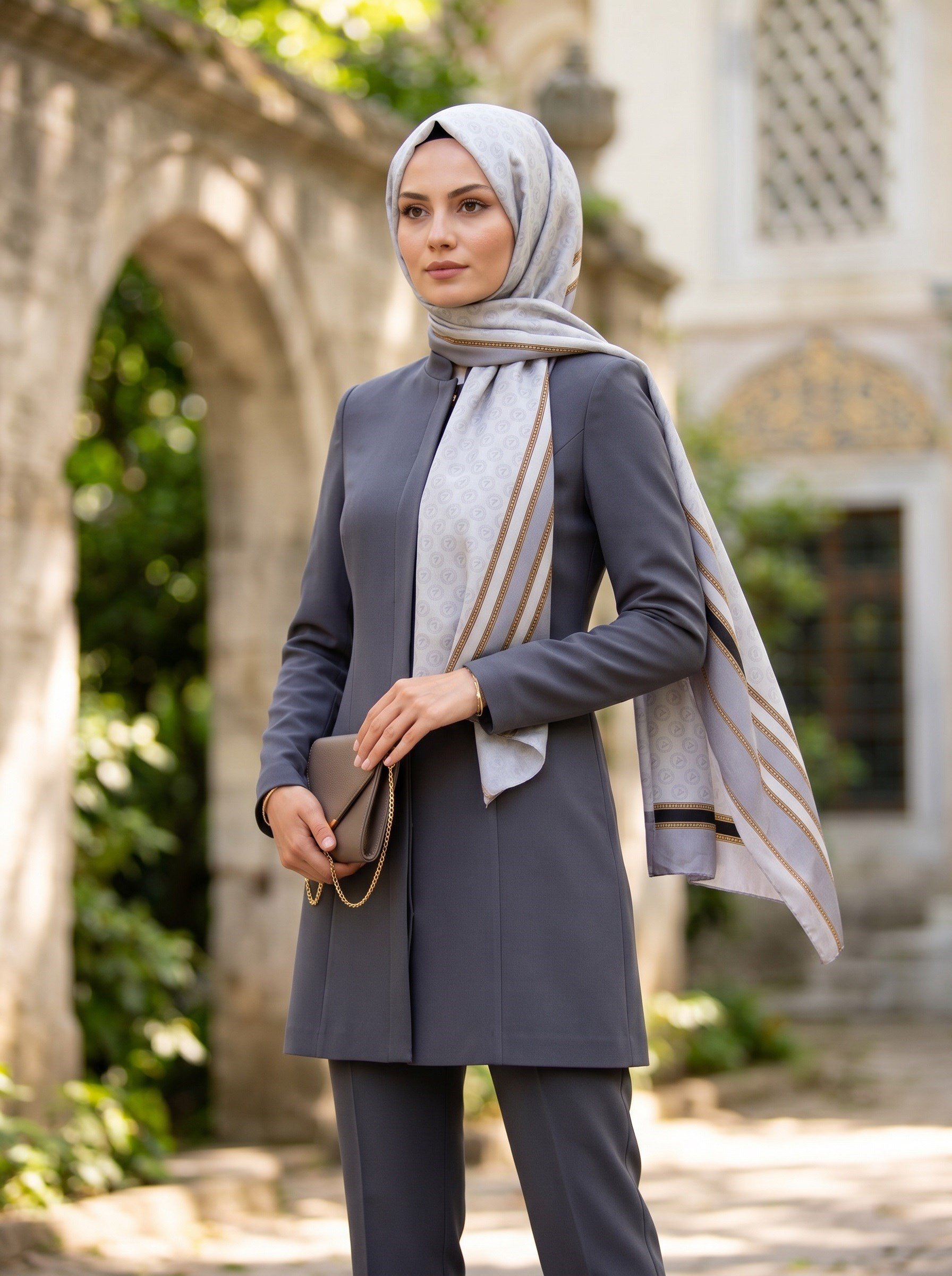 %100 Saf İpek Şal İnce Saten Vual Dokuma Monogram Ve Şerit Desenli 90x210 Şal