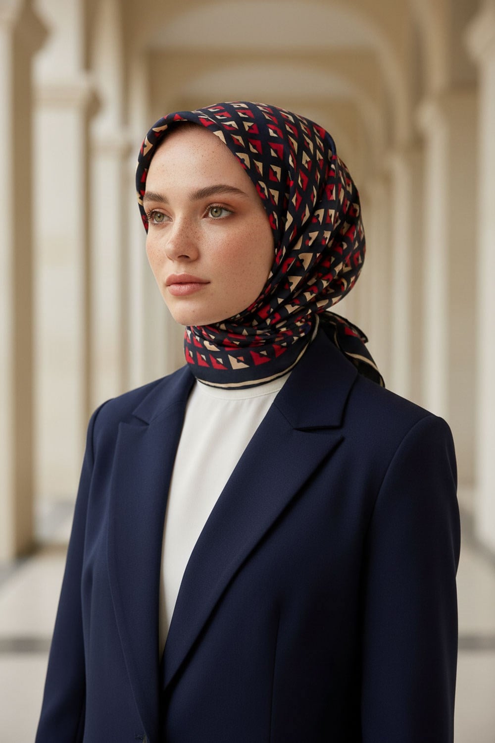 %100 Twill İpek Geometrik Desenli Lacivert - Kırmızı Renkli 90x90 Eşarp Dikim Şekli : El Dikişi
