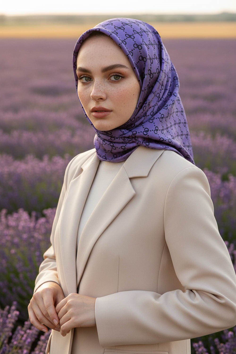 %100 Twill İpek Geometrik Desenli Lila Renkli 90x90 Eşarp Dikim Şekli : El Dikişi