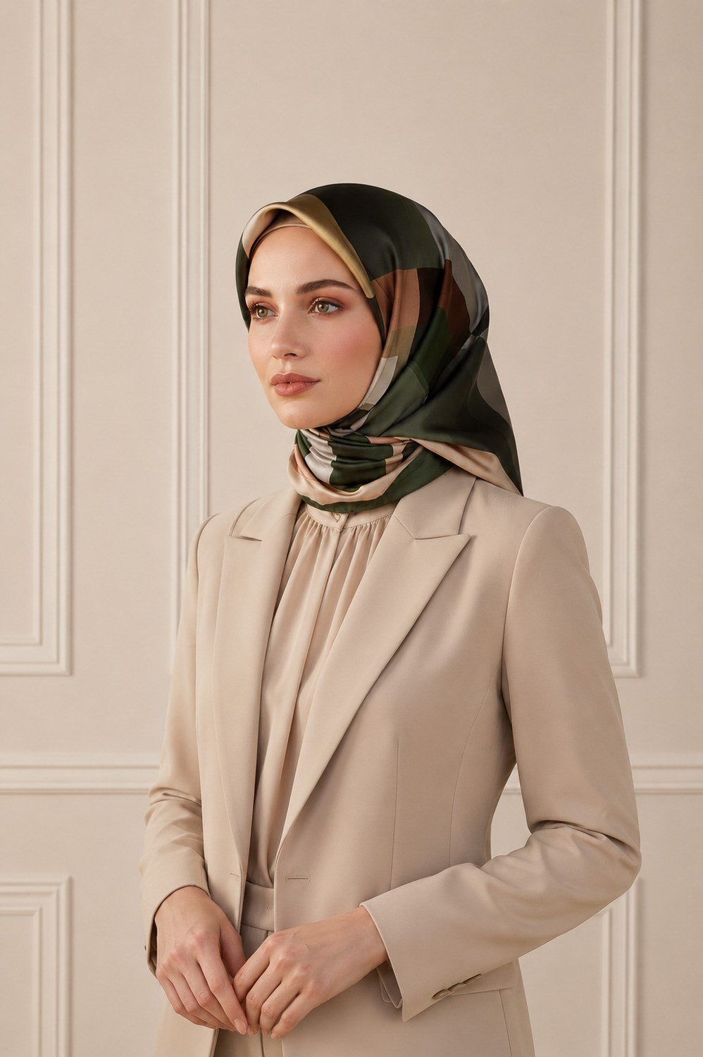 % 57 İPEK % 43 VİSKON Twill İpek Geometrik Desenli Haki - Bakır Renkli 90x90 Eşarp Dikim Şekli : El Dikişi