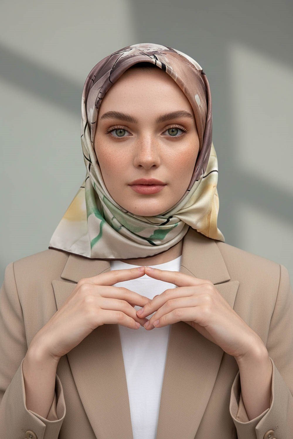 %100 Twill İpek Sulu Boya Çiçek Desenli Vizon Renkli 90x90 Eşarp Dikim Şekli : El Dikişi