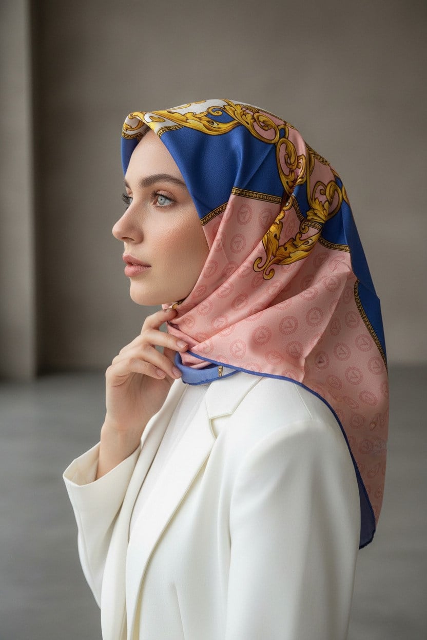 %100 Twill İpek Monogram Ve Barok Desenli Bebe Mavisi - Pudra Renkli 90x90 Eşarp Dikim Şekli : El Dikişi