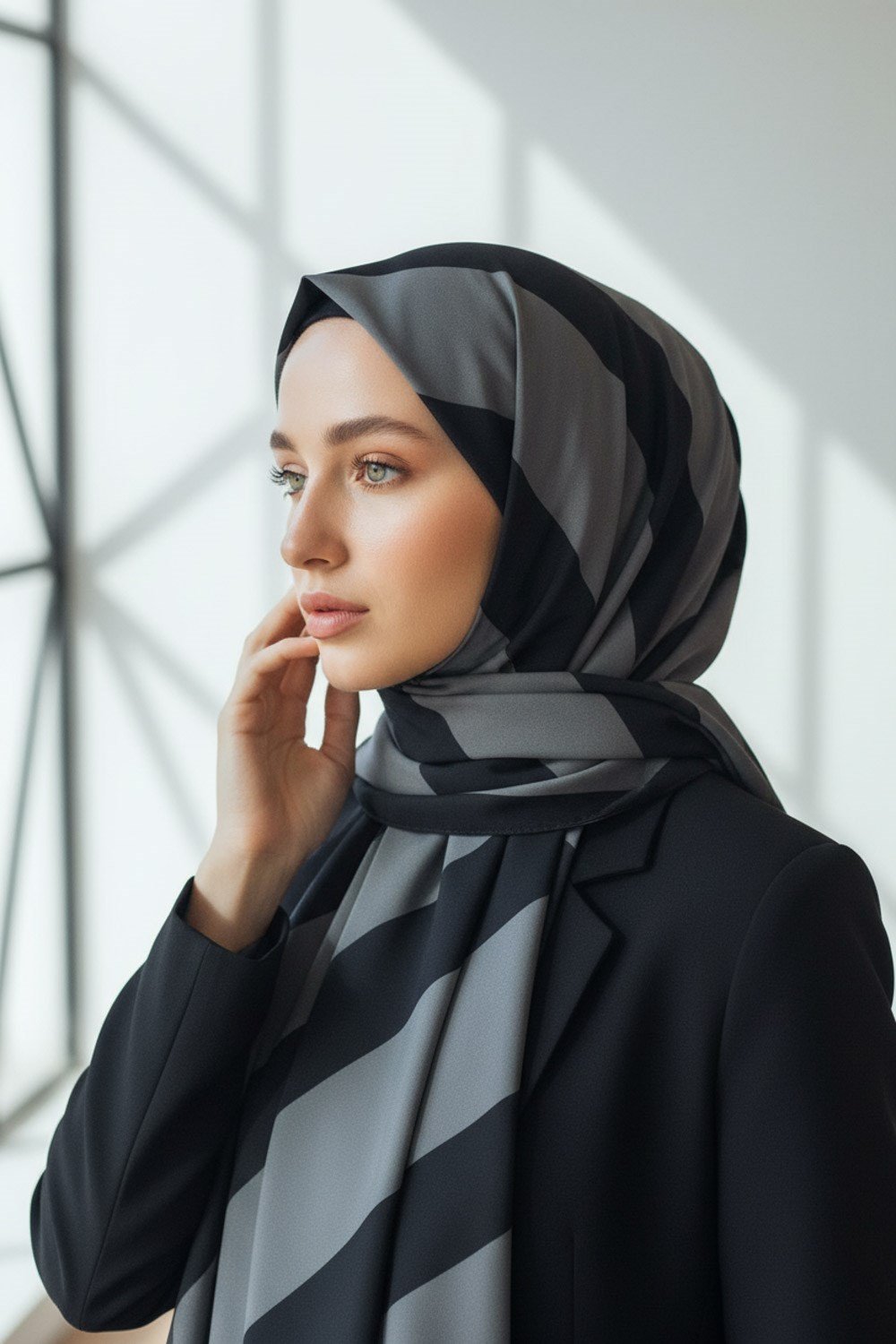 KREP ÇİZGİLİ DESENLİ GRİ - SİYAH RENKLİ 75X195 KIRIŞMAZ ŞAL