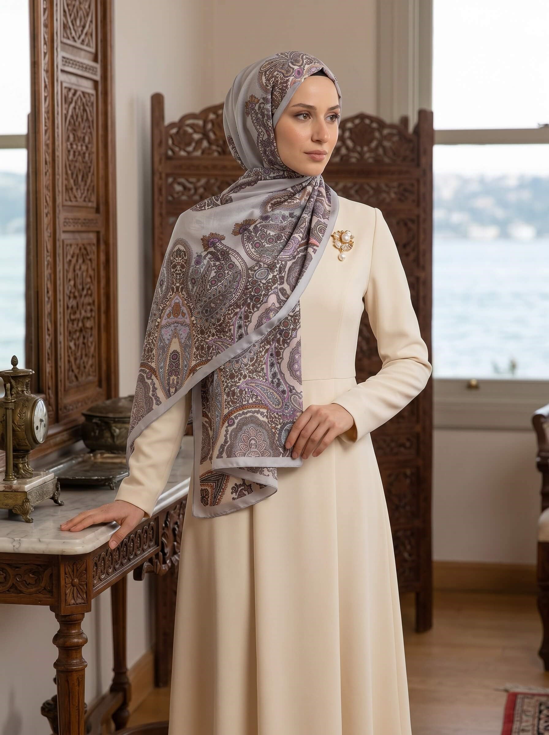 %100 Saf İpek Şal İnce Saten Vual Dokuma Etro Desenli Gri Renkli 90x210 Şal