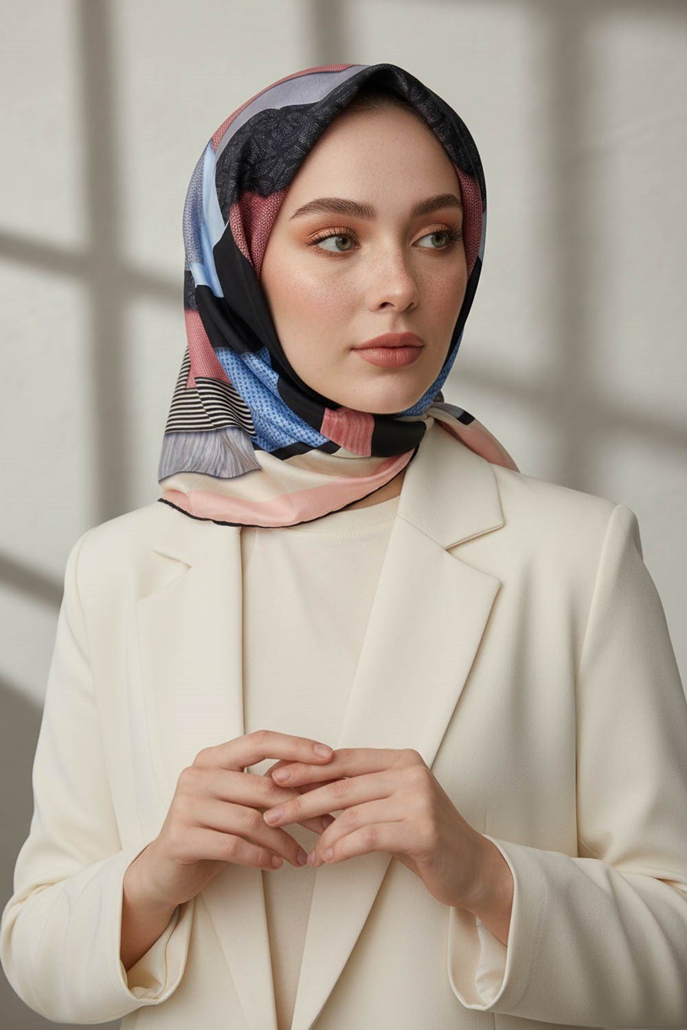 %100 Twill İpek Geometrik Desenli Bebe Mavisi - Pudra Renkli 90x90 Eşarp Dikim Şekli : El Dikişi