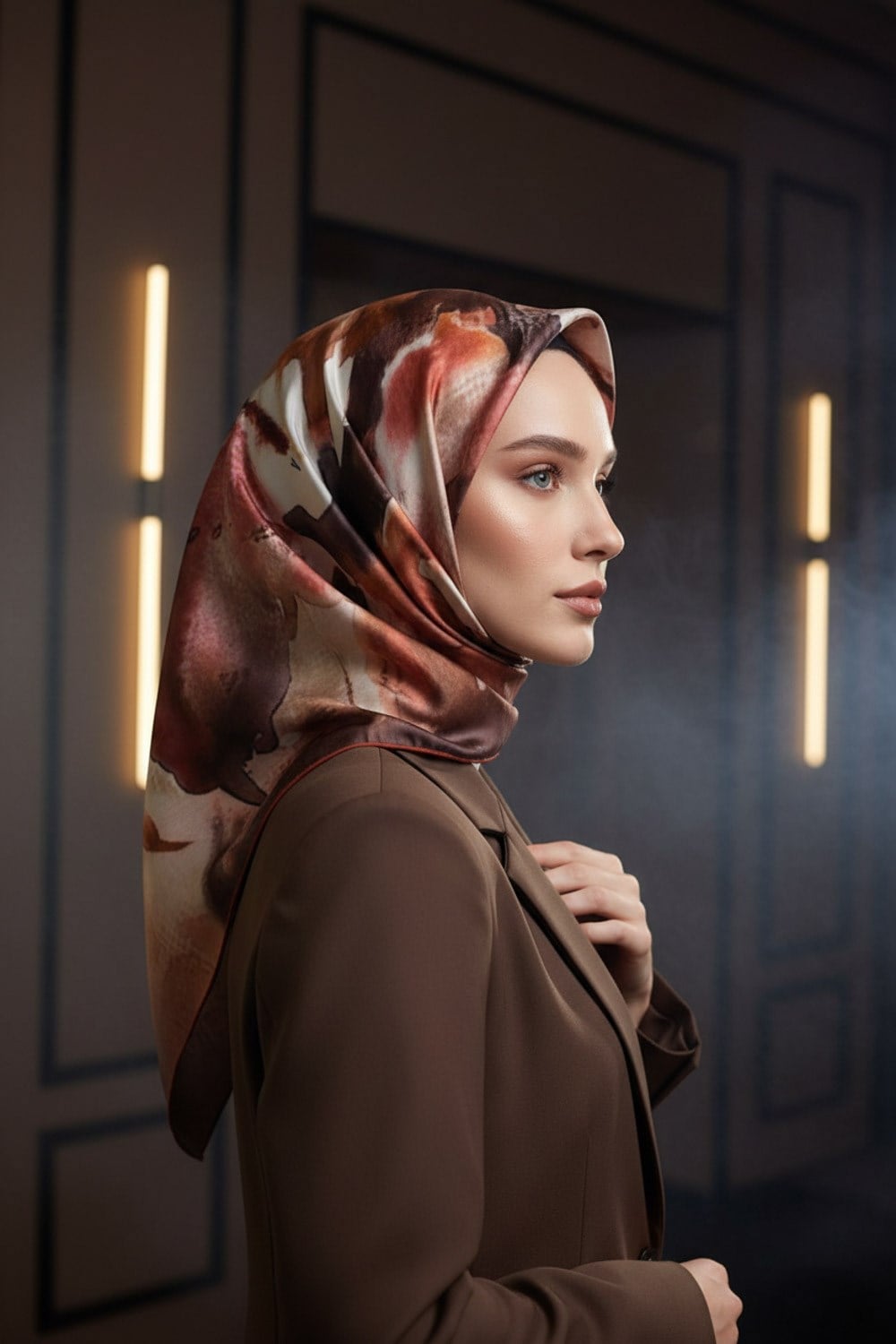 %100 Twill İpek Suluboya Çiçek Desenli Hardal - Taba Renkli 90x90 Eşarp Dikim Şekli : El Dikişi