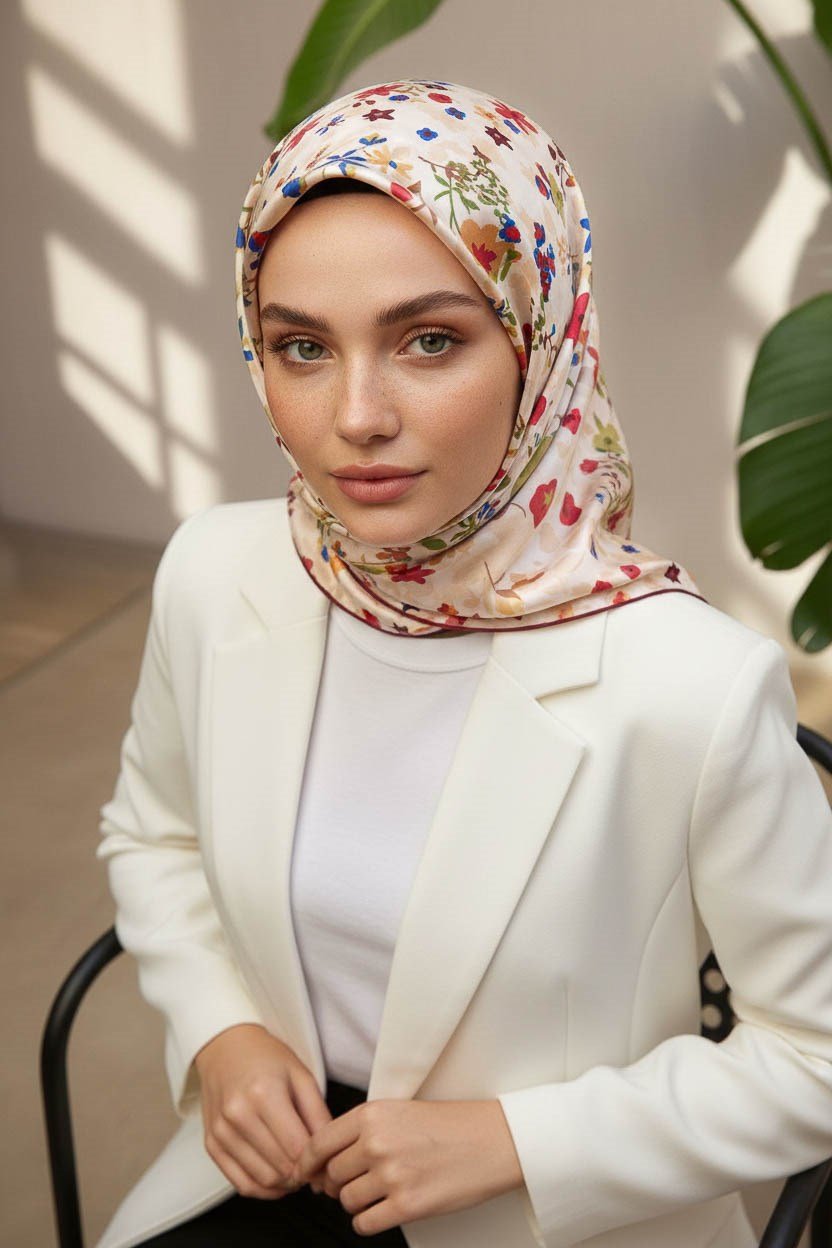 %100 Twill İpek Çıtır Çiçek Desenli Krem - Bordo Renkli 90x90 Eşarp Dikim Şekli : El Dikişi