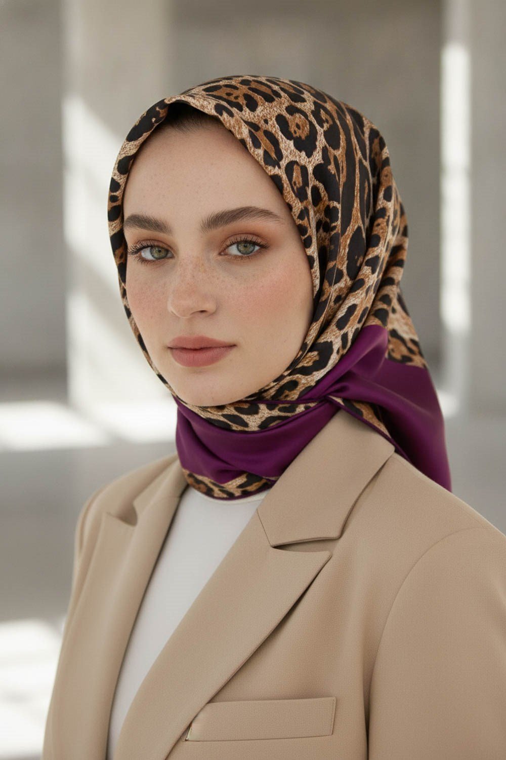 %100 Twill İpek Leopar Desenli Mürdüm Renkli 90x90 Eşarp Dikim Şekli : El Dikişi