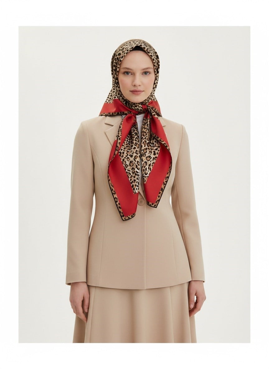 %100 Twill İpek Leopar Desenli Kırmızı Renkli 90x90 Eşarp Dikim Şekli : El Dikişi