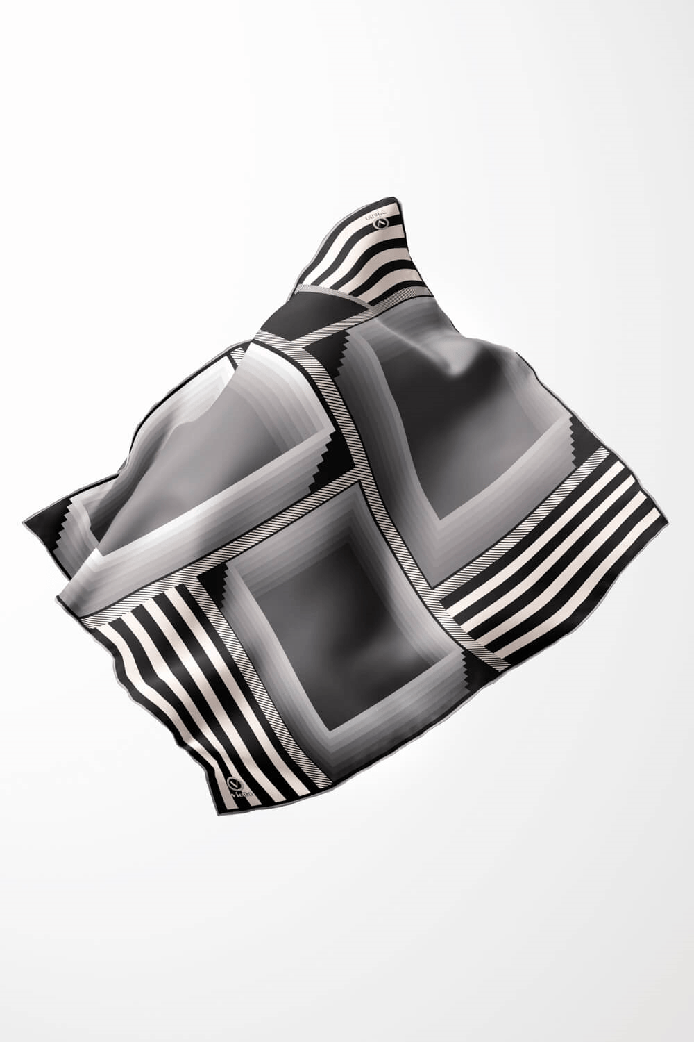 Twill Geometrik Desenli Gri Renkli 90x90 Eşarp (İpek İçermez) Kenar Dikiş Şekli El Dikişli